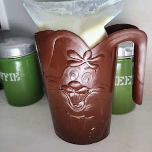 Nestle Quik Bunny Rabbit MILK Pitcher CHOCOLATE Brown Advertising 90&#39;s, Milk Bag Jug Made In Canada, Embossed &#39;Quiky&#39; Mascot, w/&quot;N&quot; Nesquik