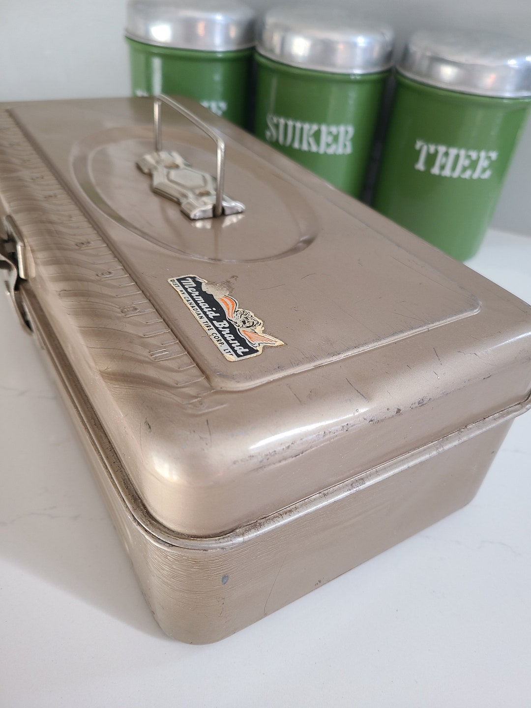 Vintage Metal Tackle Box, Mermaid Brand, Built in Fish Ruler, Fisherman