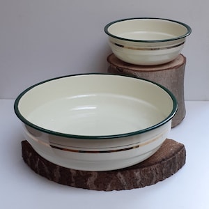 French Enamel Bowls, Buttery Beige w/ Green, Gold Trims, Two (2) Serving Dishes or Elegant Decor 1950s Farmhouse Kitchen Enamelled Bowls