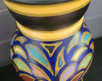 フラワーベース　アールデコ　オランダ陶器　花瓶　ゴーダ　アールヌーボー ゴーダ・アールデコ陶器の花瓶：手描きのオランダ風ディンプル花瓶