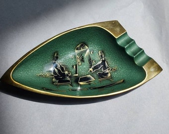 Oppenheim Israel Brass & Green Enamel Ashtray Judaica MCM Hand