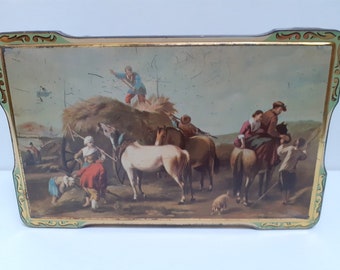 Vintage Biscuit Tin, Image of 'The Harvest', Hinged Lid, European Art Tin, 1950's Working The Fields, Elegant Cookie Tin Box, Old Holland