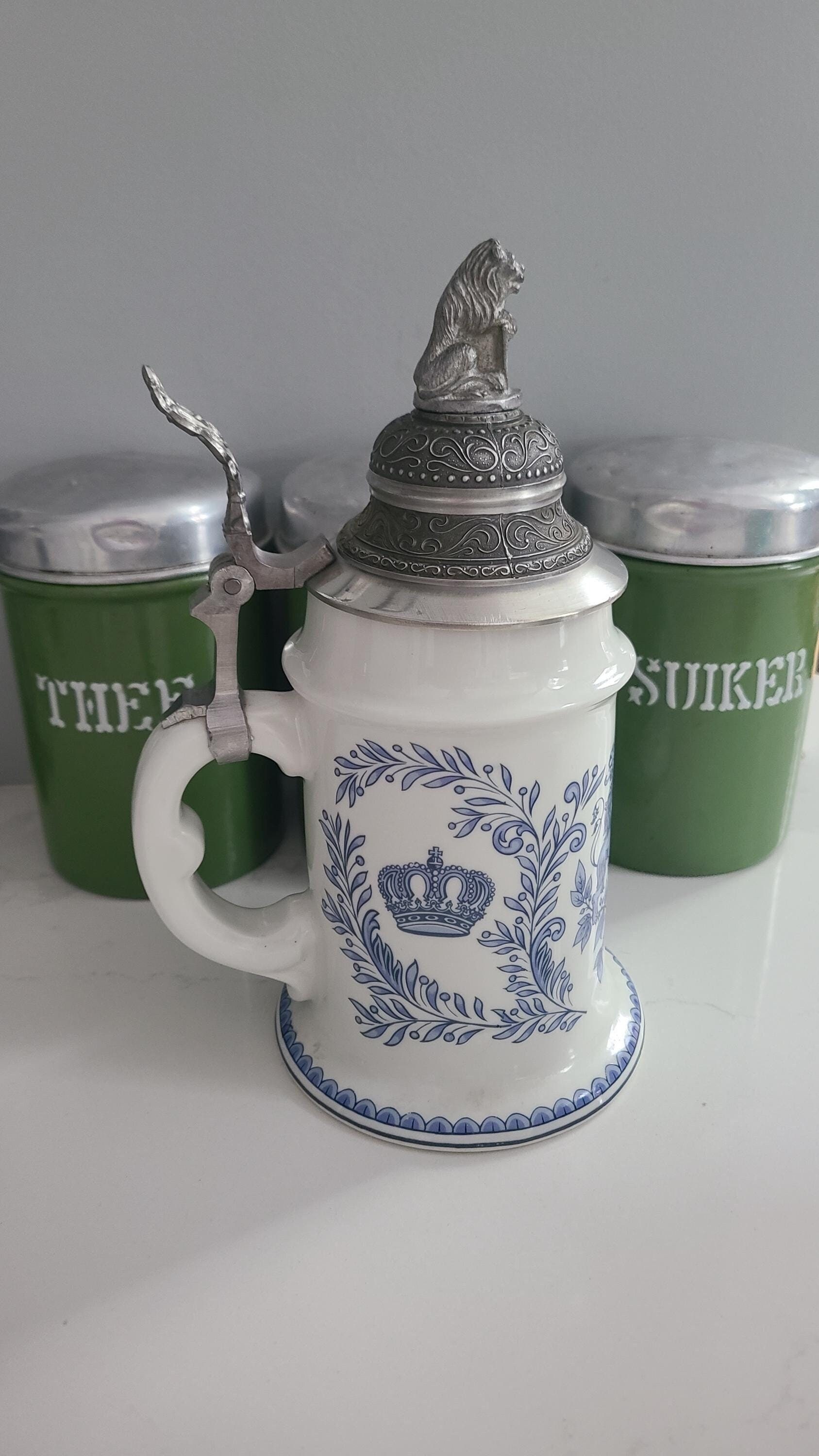 Vintage Dr. Merkle Atelier Beer Stein, Porcelain Bierkrug Pewter