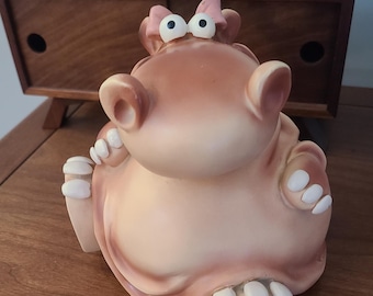 Happy Hippo Piggy Bank W/stopper Vintage 1980's Resin Zoo Animal