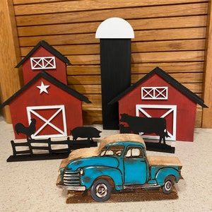 Rustic Barn Farmhouse Pieces or Set 3 Buildings Red Blue White Truck, Cow Calf Rooster on fence and pig Shelf Sitter Tiered Tray Decor