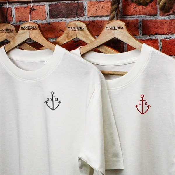 Bestickte T-shirts oversize Anker Set personalisiert | Heimathafen | Partner Shirts | Datum oder Anfangsbuchstaben | Geburtstagsgeschenk