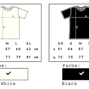 May include: Size chart for a t-shirt in white and black. The chart shows measurements in inches for the chest and length of the shirt in sizes XS, S, M, L, and XL. The text "Mad White" and "Black" are below the charts.