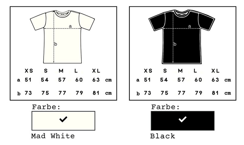 May include: Size chart for a t-shirt in white and black. The chart shows measurements in inches for the chest and length of the shirt in sizes XS, S, M, L, and XL. The text "Mad White" and "Black" are below the charts.