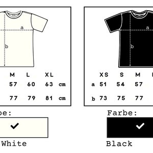 May include: Size chart for a t-shirt in white and black. The chart shows measurements in inches for the chest and length of the shirt in sizes XS, S, M, L, and XL. The text "Mad White" and "Black" are below the charts.