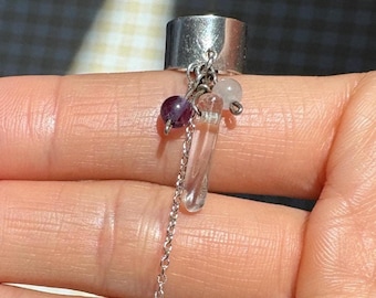 Vintage Sterling Silver Ear Cuff / Crystal / Amethyst / Chain / Quartz / Boho / Southwestern / Artisan / Hand Made / 1990s 90s / Gift
