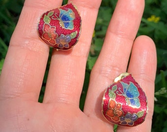 AS-IS Vintage Cloisonne Red Enamel Earrings / Clip Ons / 1980s / 80s / Floral / Flowers / Butterfly / Chip on One / Costume Jewelry / Summer