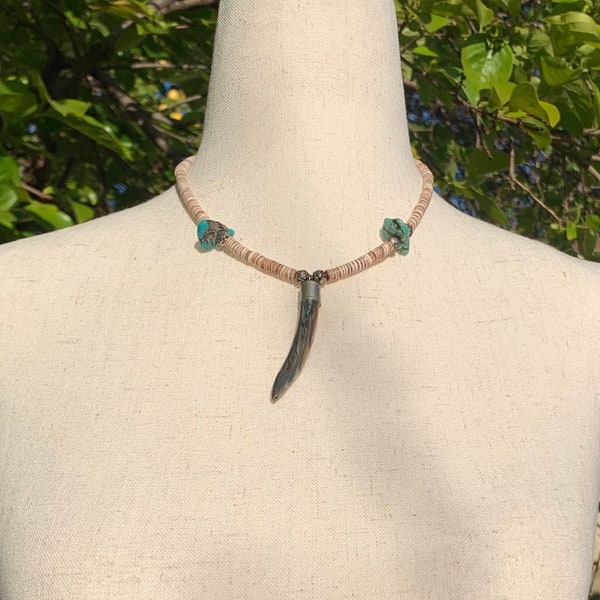 Vintage Abalone Shell Tooth with Puka beads, Turquoise, and Sterling Silver Hand Carved Beads / Native American Fetish Necklace / Southwest