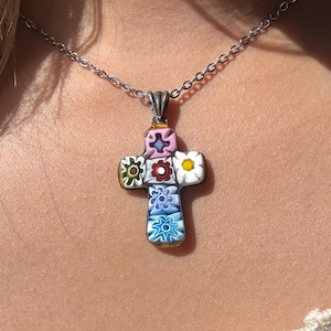 Vintage Cross Pendant / Silver + Murano Glass / Milliefiori / Italy / Floral Pink Blue / Boho / Hippie / Italy / Hand Made / Artisan / Daisy