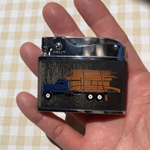 Working Vintage Lighter / Mid Century / 1950s 50s / Pocket Petrol / Wick Flint / Mens Ladies Gift / Truck / Flat Ad / Slim Refillable Gift