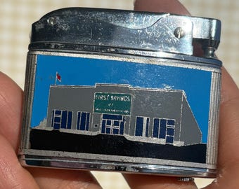 Working Vintage Lighter / First Savings Bank / Apollon 1950s 50s Retro Enamel / Building / Flat Slim / Pocket Petrol / Wick Flint / gift