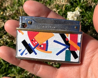 Encendedor vintage funcional / Pintado a mano / Hecho a mano / Elegante forma de mediados de siglo / Cinta / Década de 1950 / Arte abstracto / Incienso para velas / Regalo