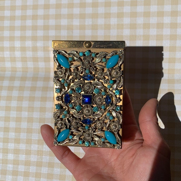 Vintage Cigarette Case / Ornate Jeweled / Blue / Floral / Brass / Daisy / Ladies Gift / Mid Century / 1950s 50s / Rhinestones / Hollywood R