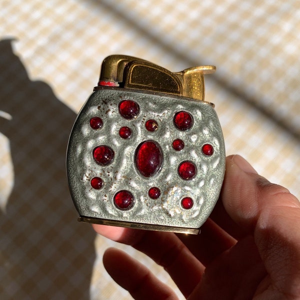 Working Vintage Lighter / Mid Century / Brass and Enamel / Red Glass / Gold Flakes / 1950s 50s / Unique / Strange / ATBGE / McM / Art Deco