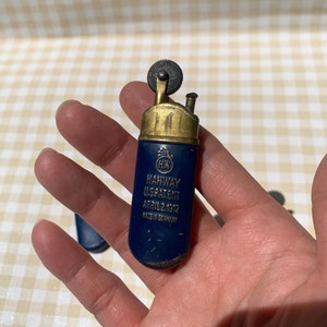 Working Antique Lighter / Hahway US Patent / April 2 1912 Germany / Navy Blue / Trench / Pull Apart / Brass / Wick + Flint / Pocket Petrol