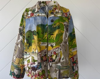 Vintage Artsy Blazer Size Small S / Michael Leu / Scene Scenic / Painting / Art / Green Blue / Water Color / 100% Cotton / Trees