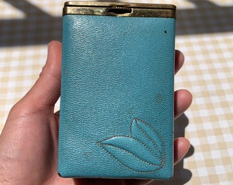 Vintage Cigarette Case / Baby Blue Leather / As Is / Brass / Mid Century / Lid / 1950s 50s Leaf / Princess Gardner / Ladies Gift / McM