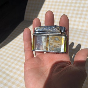 Non Functional but Highly Unique Collectible Lighter / Glass / Green Neon / Metallic Mt Fuji / Sakura / Japan / Mid Century / Rare / Petrol