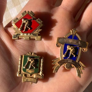 Vintage Gold Filled Bowling Award Pins / Badges / 1960s 60s / 600 Club / W.W.B.A. / Red Blue Green / Award / League / Retro / Prop / Decor