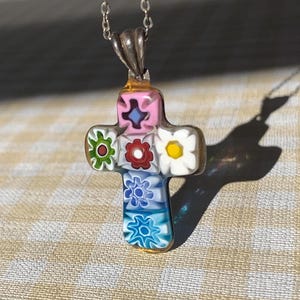 Vintage Cross Pendant / Silver + Murano Glass / Milliefiori / Italy / Floral Pink Blue / Boho / Hippie / Italy / Hand Made / Artisan / Daisy