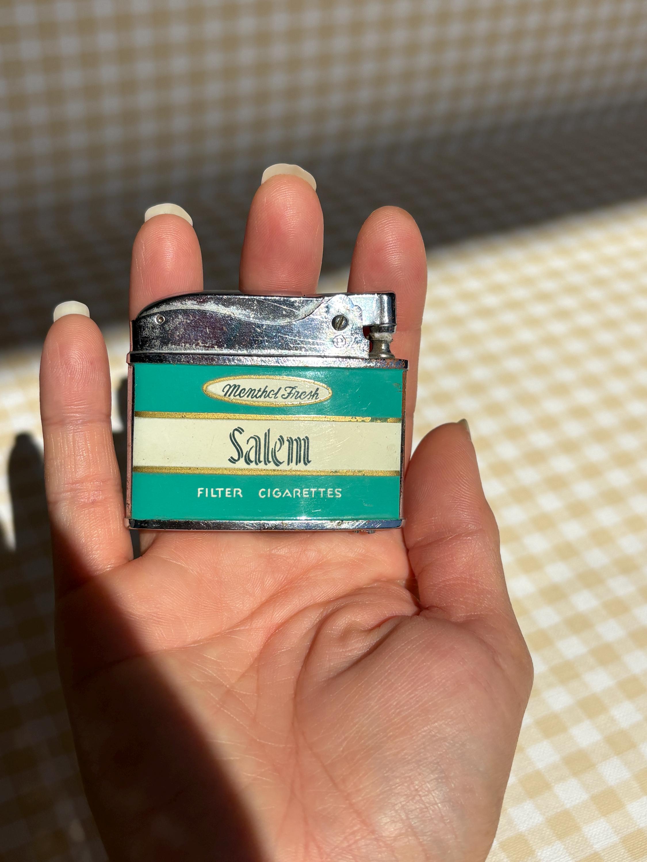 Working Vintage Lighter / Flat Salem Cigarettes Ad / Mint Green and Cream /  1950s 50s Retro Mid Century / Penguin Wick + Flint Pocket Petrol