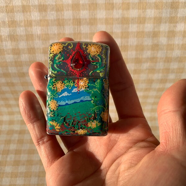 Working Vintage Upcycled Lighter / Art / Hand Made / Painted / ATC Japan / Flip Top / Daisy / Jeweled / Landscape / Wick Flint Gift / ATBGE