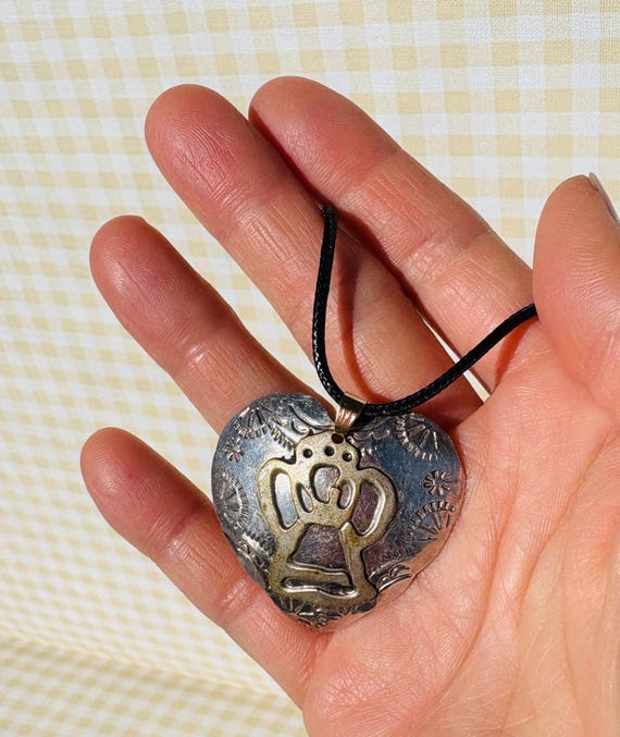 Vintage Sterling Silver Heart Pendant on Black Cord / Mexico / 925 