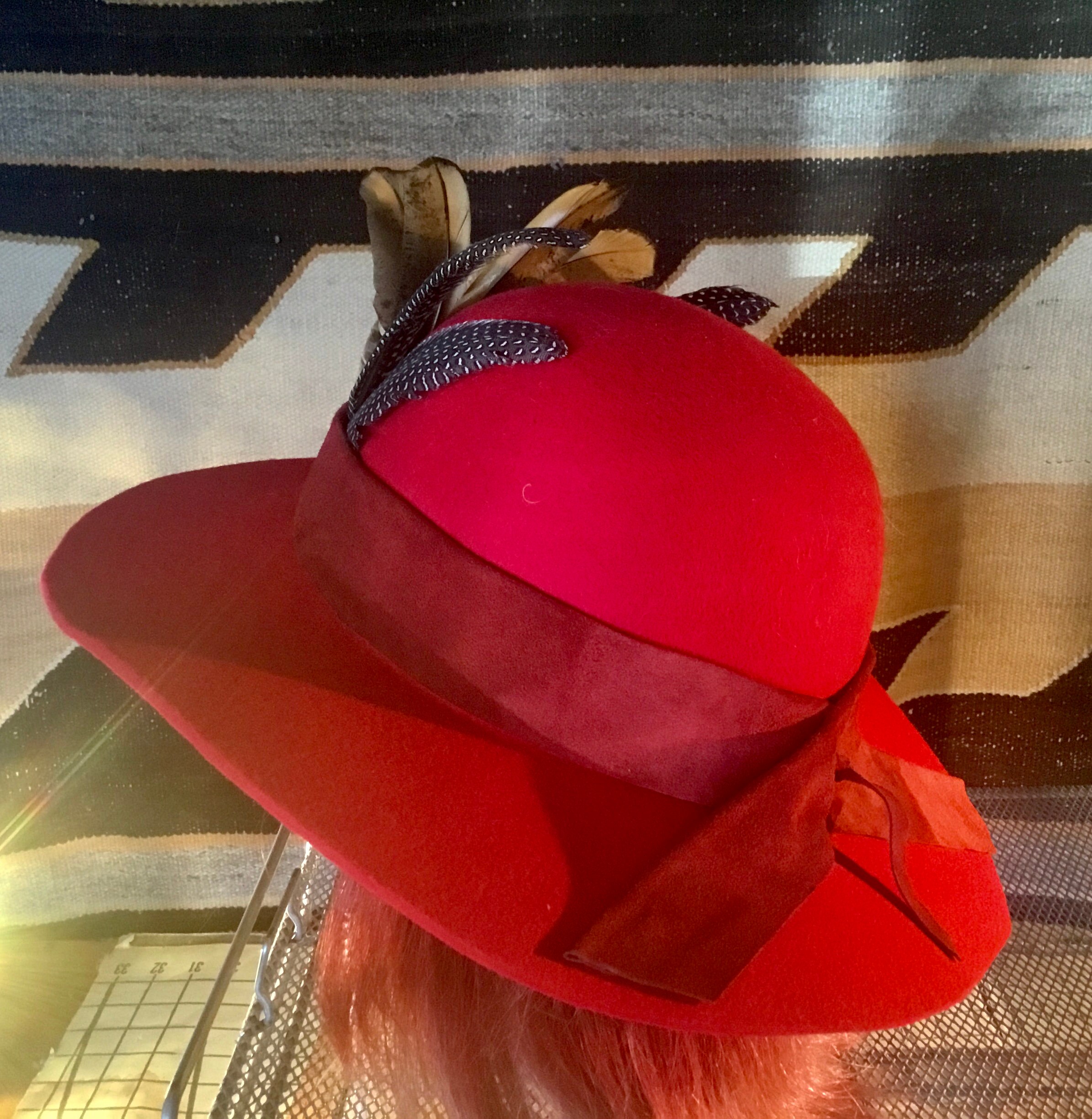 Vintage Red Red 100% wool felt hat by AmyG O/S red suede and wild bird feathers Red Feather Band Wool Cowboy Hat – Animo Hat & Apparel main image 4