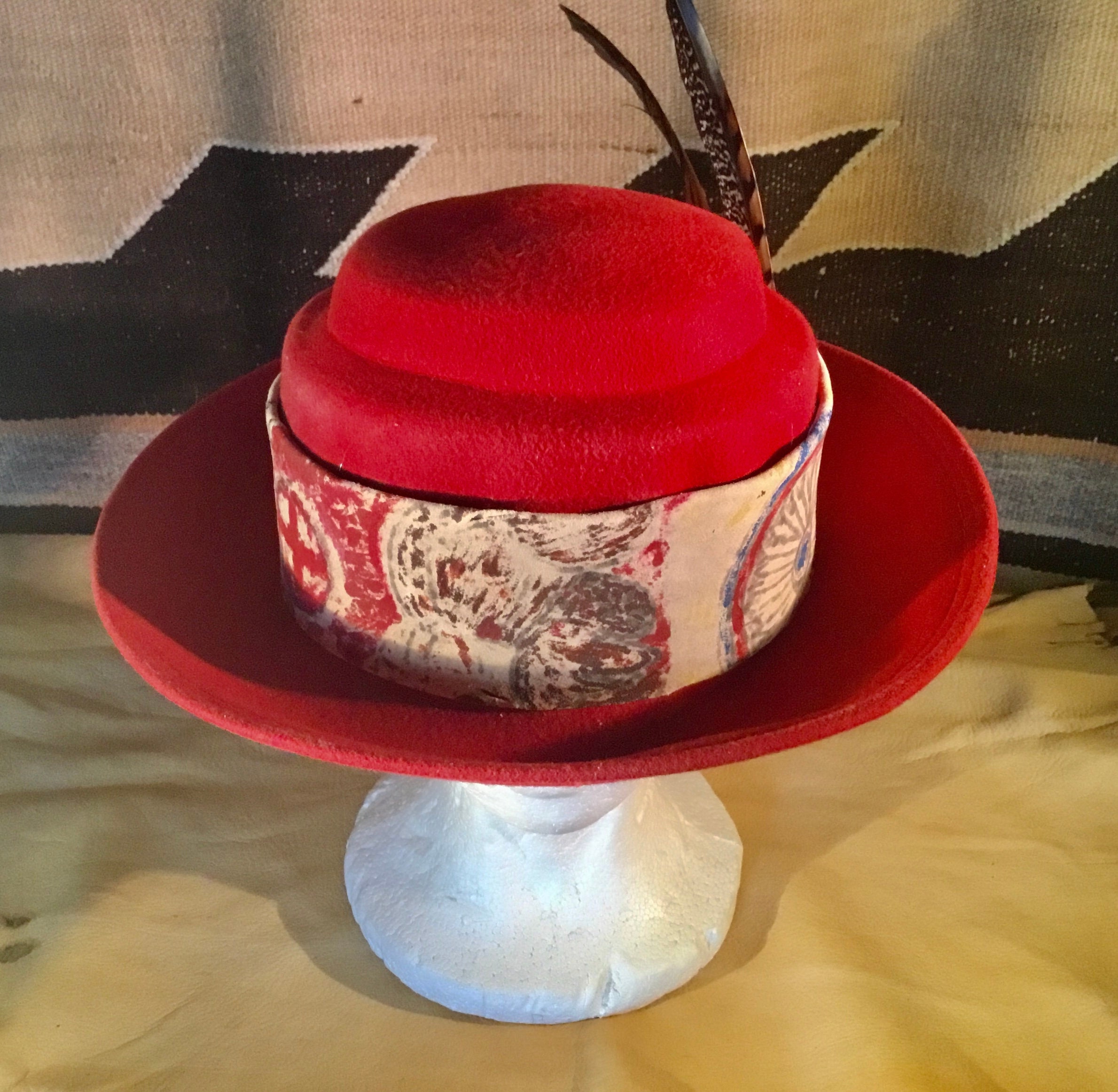 Vintage Red Wool Felt Bowler Hat: Hand-painted Band, Feather 
