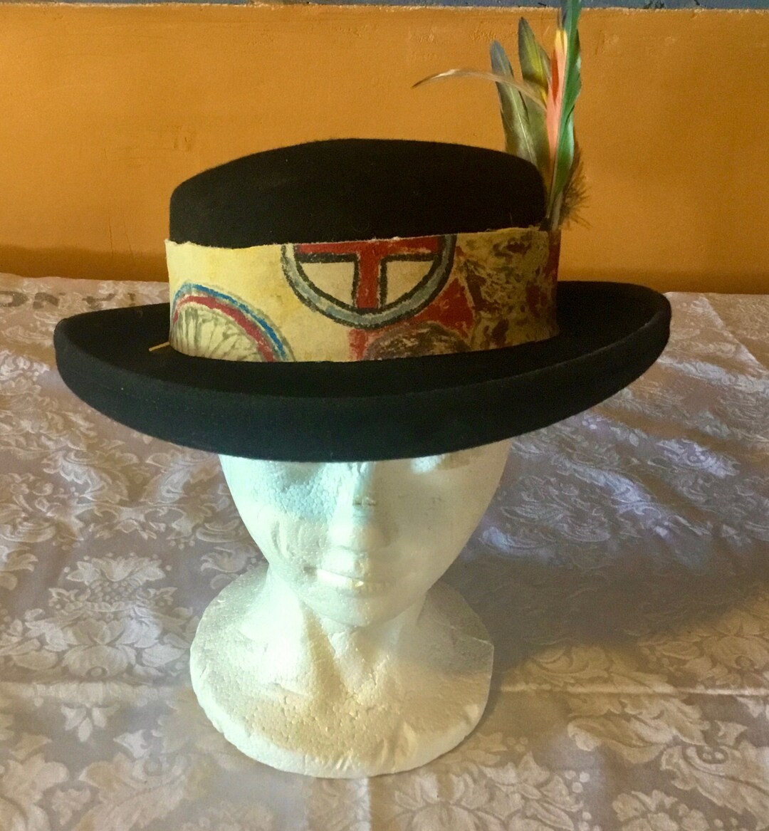 Vintage Black Wool Felt Bowler Hat: Painted Chamois & Parrot  display picture 1