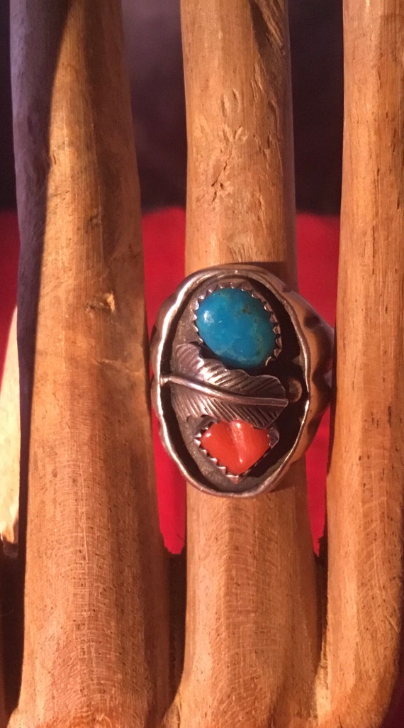 Navajo style sterling turquoise and coral ring fro