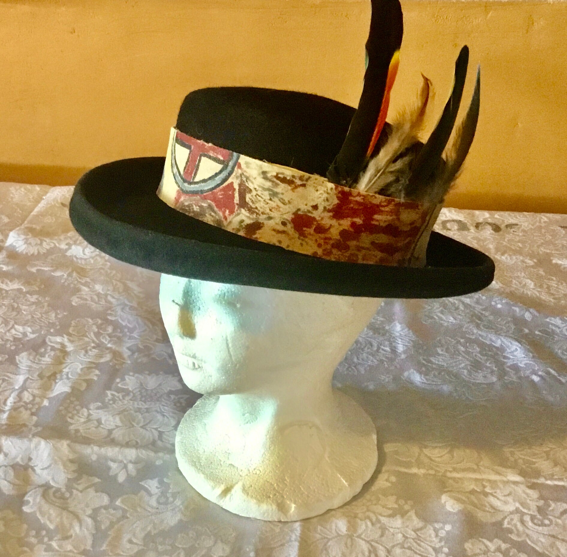 Vintage Black Wool Felt Bowler Hat: Painted Chamois & Parrot 
