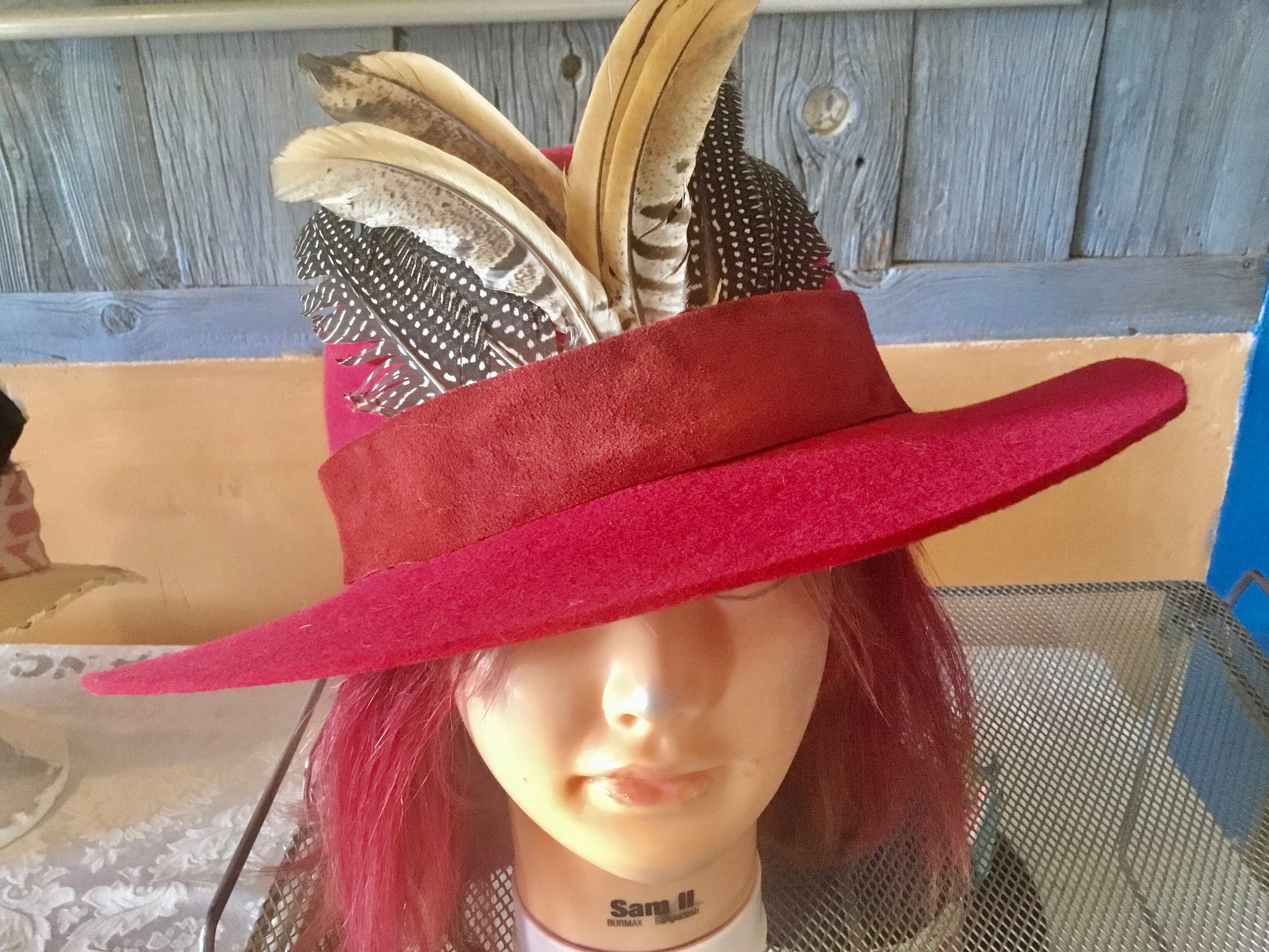Red Wool Felt Cowgirl Hat: Suede Band, Feather Accent - Etsy