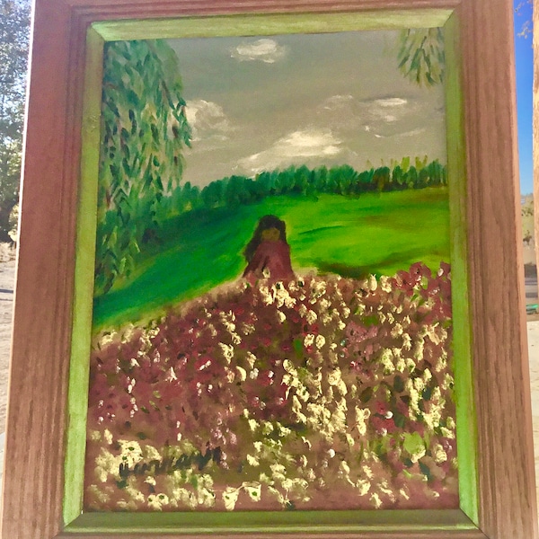 Painting 1900’s Little Girl loving a field of flowers!  Wonderful colors great little painting Christmas is coming it’s a lifelong gift
