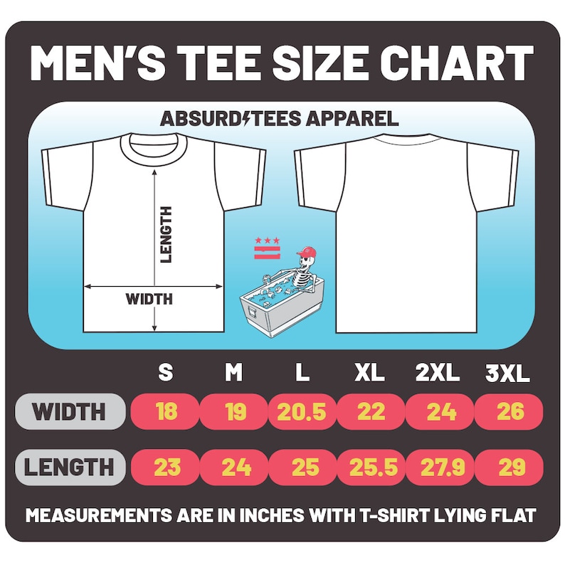 May include: A size chart for men's t-shirts with measurements in inches. The chart shows the width and length of the shirts in sizes S, M, L, XL, 2XL, and 3XL.