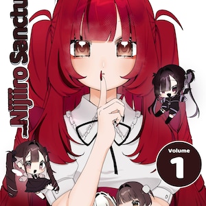 May include: A manga volume cover titled Nijiro Sanctuary Volume 1, featuring a central character with long red hair and pigtails holding a finger to their lips. The cover includes smaller chibi-style character illustrations and text credits for Mochi Tokki and Spider Pochette.