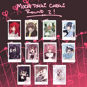 May include: A digital illustration featuring nine anime-style character portraits in polaroid-style frames. The background is a gradient of pink and brown with decorative hearts and text that reads "Mochi Tokki Cheki Round 2!"