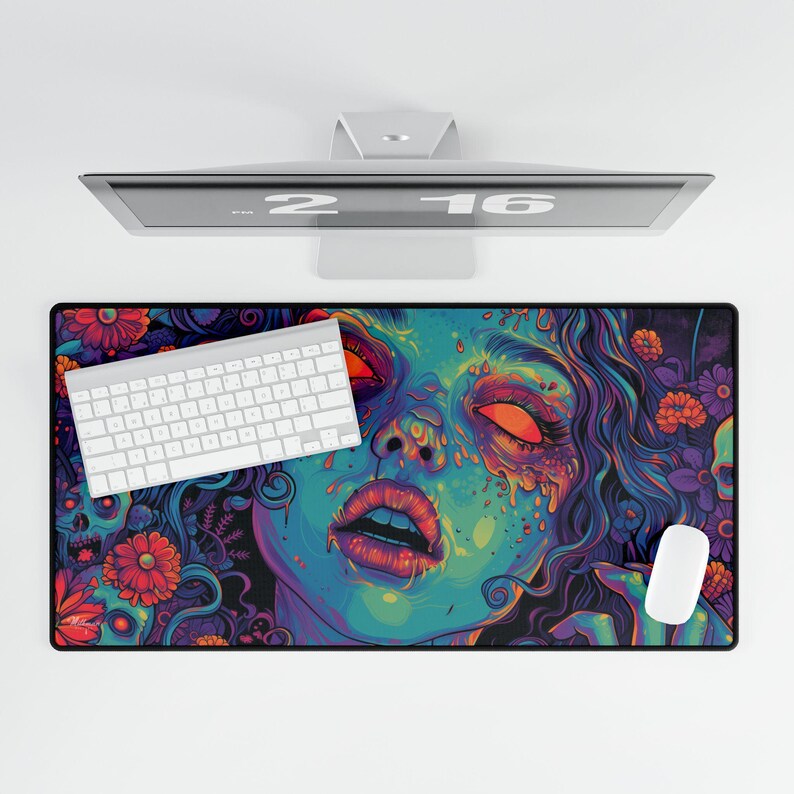 Beautiful zombie MTG playmat perfect for zombie Commander mtg card games. Pushing Up Daisies MTG Zombie Playmat & Gaming Desk mat with stitched edges comes in a large oversized mouse pad too. Perfect for any gamer accessories fitting a horror or psychedelic desk aesthetic. Its also a unique Dia De Los Muertos Playmat for tcg games. This is a black light reactive playmat.