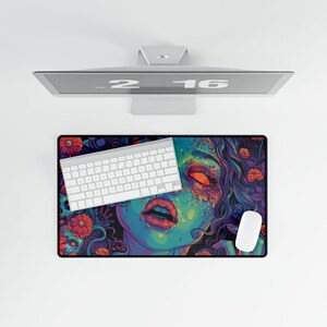 Beautiful zombie MTG playmat perfect for zombie Commander mtg card games. Pushing Up Daisies MTG Zombie Playmat & Gaming Desk mat with stitched edges comes in a large oversized mouse pad too. Perfect for any gamer accessories fitting a horror or psychedelic desk aesthetic. Its also a unique Dia De Los Muertos Playmat for tcg games. This is a black light reactive playmat.