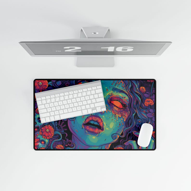 Beautiful zombie MTG playmat perfect for zombie Commander mtg card games. Pushing Up Daisies MTG Zombie Playmat & Gaming Desk mat with stitched edges comes in a large oversized mouse pad too. Perfect for any gamer accessories fitting a horror or psychedelic desk aesthetic. Its also a unique Dia De Los Muertos Playmat for tcg games. This is a black light reactive playmat.