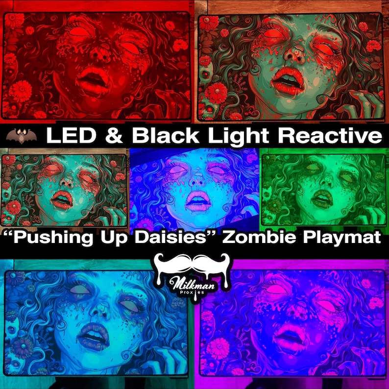 Beautiful zombie MTG playmat perfect for zombie Commander mtg card games. Pushing Up Daisies MTG Zombie Playmat & Gaming Desk mat with stitched edges comes in a large oversized mouse pad too. Perfect for any gamer accessories fitting a horror or psychedelic desk aesthetic. Its also a unique Dia De Los Muertos Playmat for tcg games. This is a black light reactive playmat.
