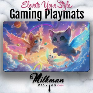Flying Cats MTG Playmat – Kawaii Anime Rainbow Commander | Cute Angel Cat Gaming Desk Mat | Whimsical Fantasy TCG Playmat