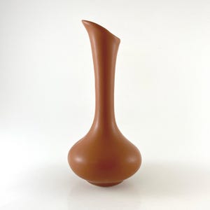 May include: A terracotta-colored ceramic vase with a smooth, matte finish. The vessel features a rounded, bulbous base that tapers into a long, slender neck, ending in an asymmetrical, slanted opening at the top, creating a simple, clean silhouette.