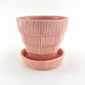 1950s Pink McCoy Basketweave Planter with Saucer: Mid-Century Modern Decor