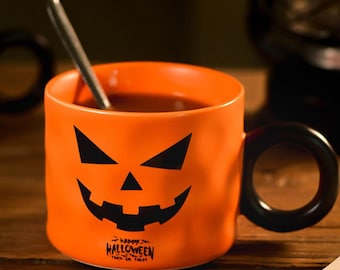 Pumpkin Mug, Halloween Coffee Mug, Spooky Face Cup, Fall Gift, Halloween Ceramic Mug, Ceramic Fall Coffee Mug