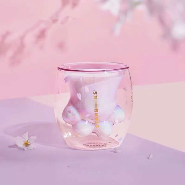 Sakura Cat Paw Glassware Coffee Glass Cup; Mug Double Wall Glass Kawaii Pink/ Purple Cherry Blossom Limited Edition